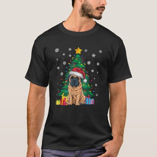 Ugly Sweater Xmas Tree Lights English Mastiff Dog T-Shirt (Vorderseite)