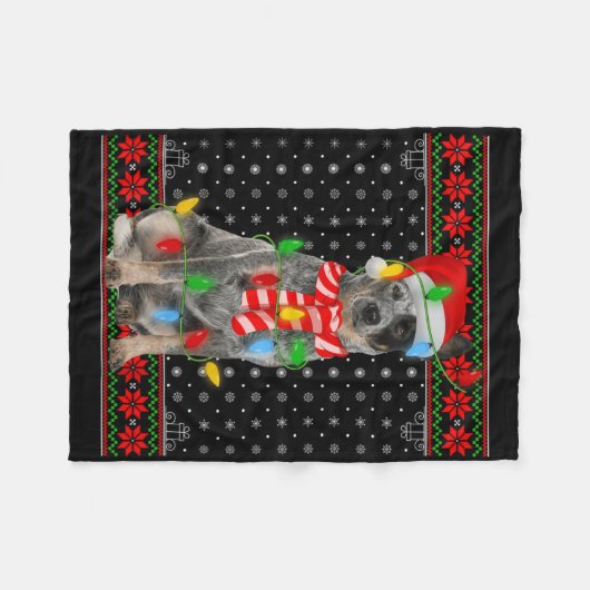 Ugly Xmas Dog Lights Santa Hat Blue Heeler Dog Chr Fleecedecke (Vorderseite (Horizontal))