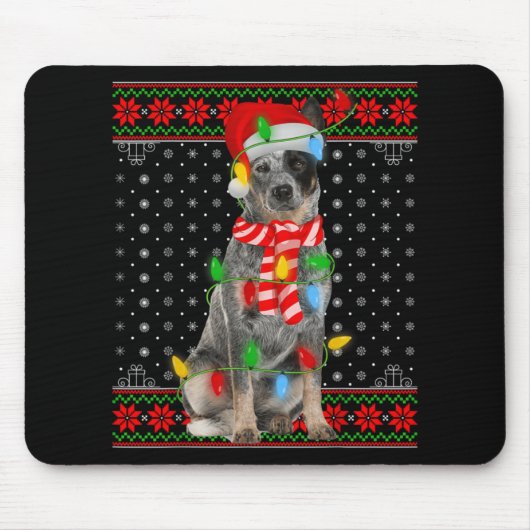 Ugly Xmas Dog Lights Santa Hat Blue Heeler Dog Chr Mousepad (Vorne)