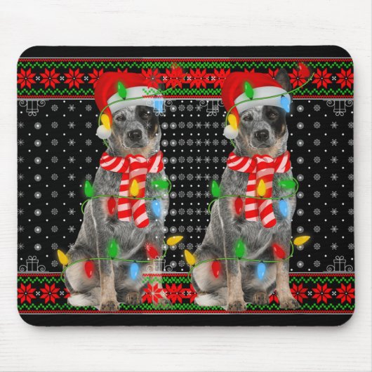 Ugly Xmas Dog Lights Santa Hat Blue Heeler Dog Chr Mousepad (Vorne)