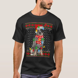 Ugly Xmas Dog Lights Weihnachtsmannmütze Blue Heel T-Shirt