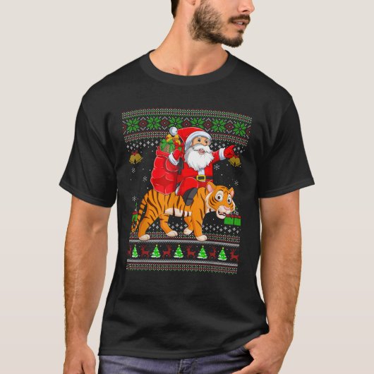 Ugly Xmas Funny Santa Claus Riding Liger Weihnacht T-Shirt (Vorderseite)