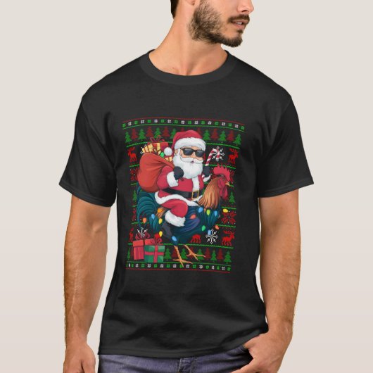 Ugly Xmas Lights Funny Santa Ride Rooster Bird C T-Shirt (Vorderseite)