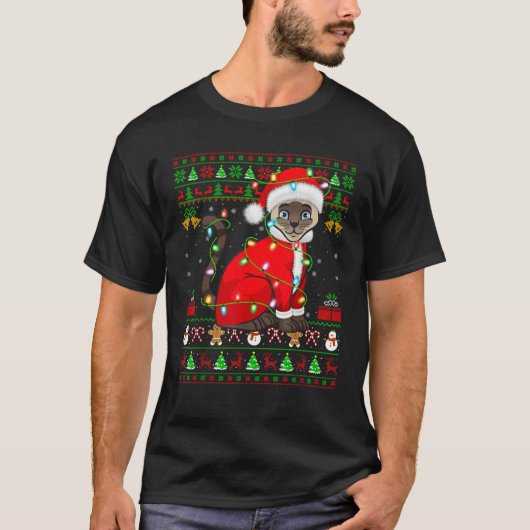 Ugly Xmas Lights Santa Costume Siam Katzenjause T-Shirt (Vorderseite)