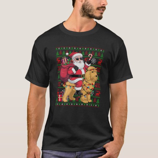Ugly Xmas Lights Santa Riding Goldendoodle Dog Chr T-Shirt (Vorderseite)