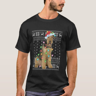 Ugly Xmas Lights Weihnachtsmannmütze Airedale Terr T-Shirt
