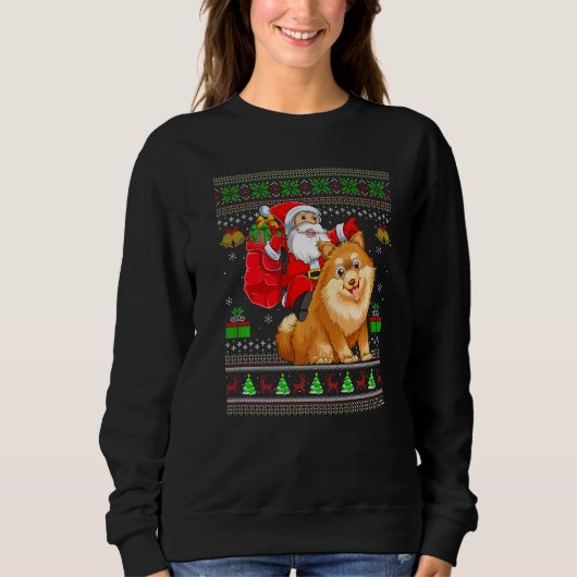 Ugly Xmas Santa Riding Pomeranian Dog Christmas Sweatshirt (Vorderseite)