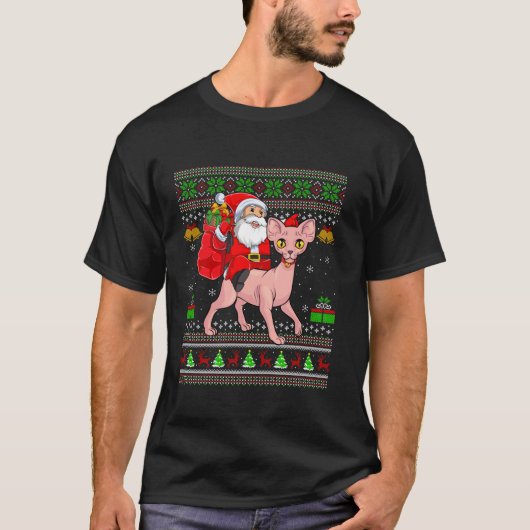 Ugly Xmas Sweater Funny Santa Riding Sphynx Cat Ch T-Shirt (Vorderseite)