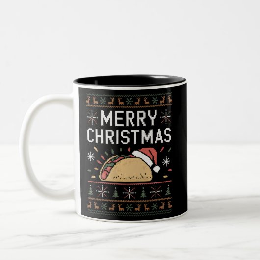Ugly Xmas Sweater Lights Santa Taco Zweifarbige Tasse (Links)