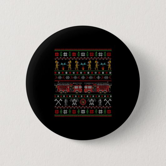 Ugly Xmas Sweater Style Fire Truck Firefighter Chr Button (Vorderseite)