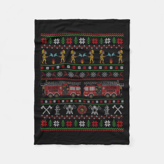 Ugly Xmas Sweater Style Fire Truck Firefighter Chr Fleecedecke (Vorderseite)