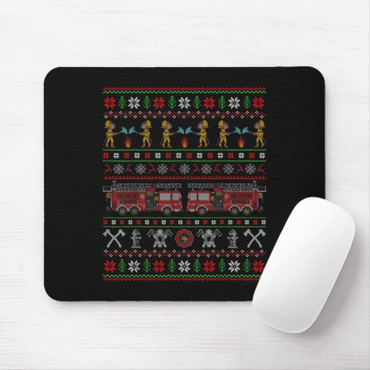 Ugly Xmas Sweater Style Fire Truck Firefighter Chr Mousepad (Mit Mouse)