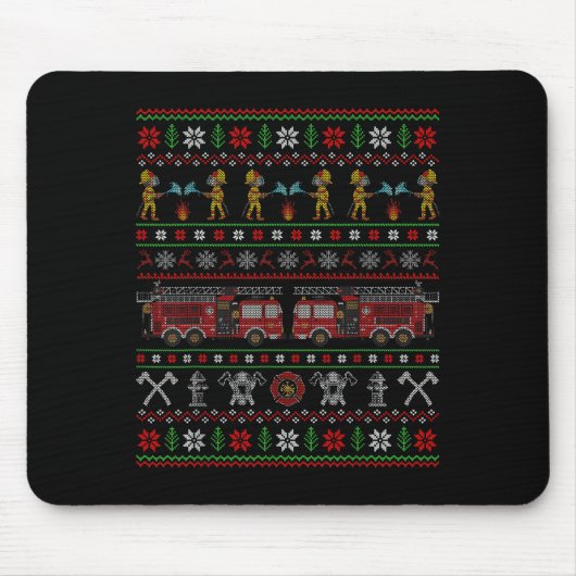 Ugly Xmas Sweater Style Fire Truck Firefighter Chr Mousepad (Vorne)