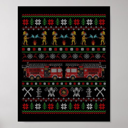Ugly Xmas Sweater Style Fire Truck Firefighter Chr Poster (Vorne)