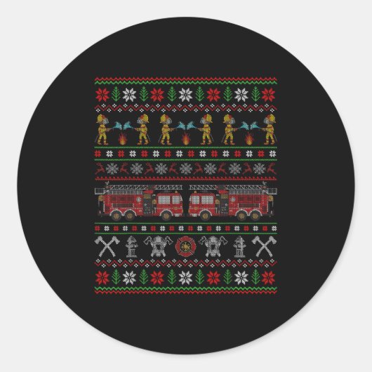 Ugly Xmas Sweater Style Fire Truck Firefighter Chr Runder Aufkleber (Vorderseite)