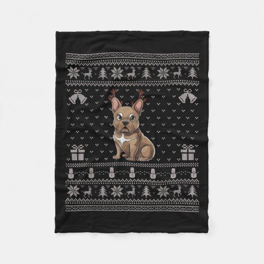 Ugly Xmas Sweater Style Frenchie Dog Reindeer Chri Fleecedecke (Vorderseite)
