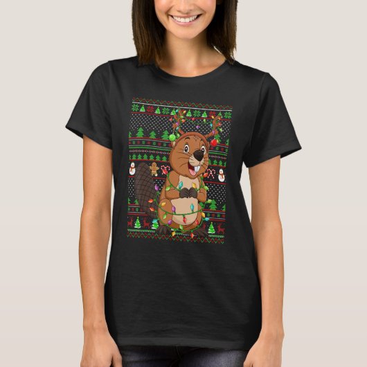 Ugly Xmas Sweater Style Lighting Beaver Christmas T-Shirt (Vorderseite)