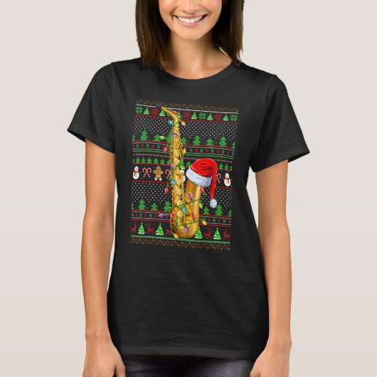Ugly Xmas Sweater Style Lighting Saxophone Christm T-Shirt (Vorderseite)