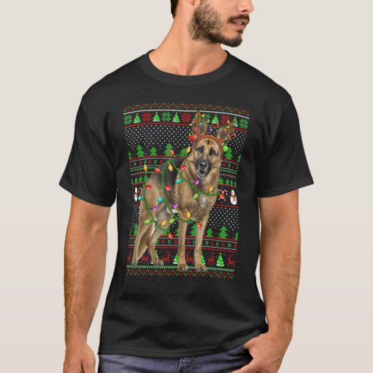 Ugly Xmas Sweater Style Lights German Shepherd Dog T-Shirt (Vorderseite)