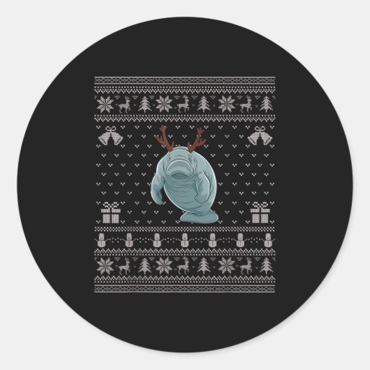 Ugly Xmas Sweater Style Manatee Reindeer Christmas Runder Aufkleber (Vorderseite)