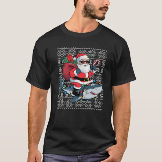 Ugly Xmas Sweater Style Santa Riding Hai Christi T-Shirt (Vorderseite)