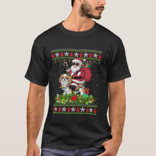 Ugly Xmas Sweater Style Santa Riding Shih Tzu Dog T-Shirt