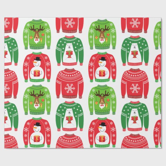 Ugly Xmas Sweaters Polar Bear Snowman Rudolf Red Geschenkpapier (Flach)