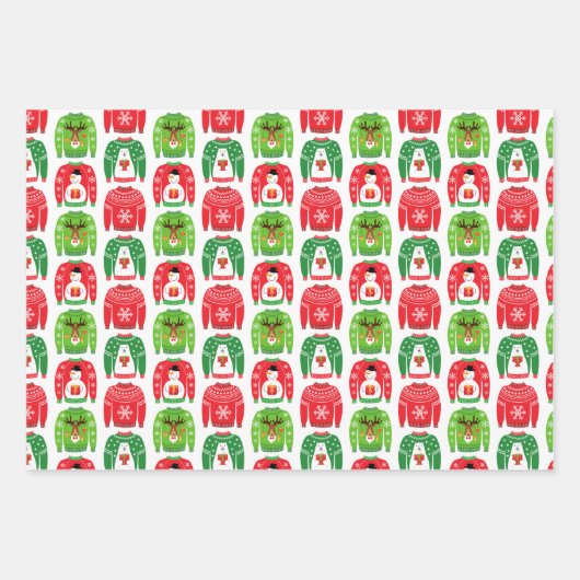 Ugly Xmas Sweaters Polar Bear Snowman Rudolf Red Geschenkpapier Set (Vorderseite)