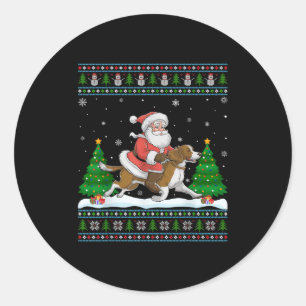 Ugly Xmas Tree Santa Riding Brittany Spaniel Dog C Runder Aufkleber
