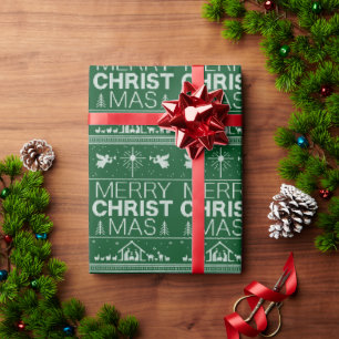 Ugor Weihnachts Sweater Christlich Christus Grüner Geschenkpapier