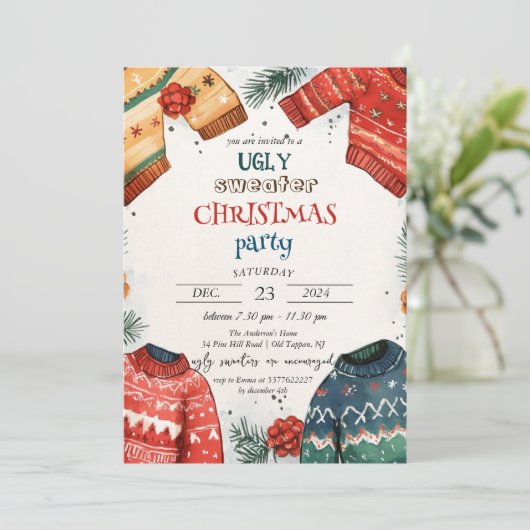Ugy Sweater Colorful Weihnachts-Party Einladung (Stehend Vorderseite)