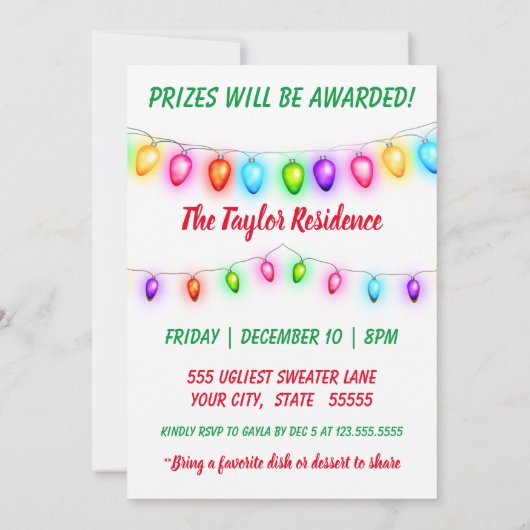 Ugy Sweater Contest Buntes Weihnachtsfest Party Einladung (Rückseite)