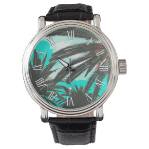 Uhr der tropischen Männer des Palme-die aquamarin