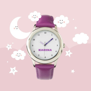 Uhr für Mädchen aus Stahl mit violettem Leder und