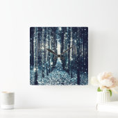 Uhr: Magischer Wald Aquamarin Grau Elegante Quadratische Wanduhr (Zuhause)