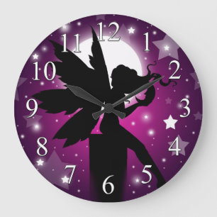 Uhr mit Feen-Silhouette Lila Mond und Sterne