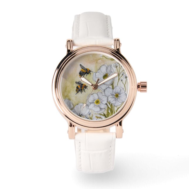 Uhr mit originaler Wasserfarben-Bienen-Kunst (Vorderseite)