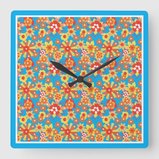 Uhr, orange Blume, blaue Grenze Quadratische Wanduhr (Vorderseite)