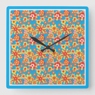 Uhr, orange Blume, blaue Grenze Quadratische Wanduhr