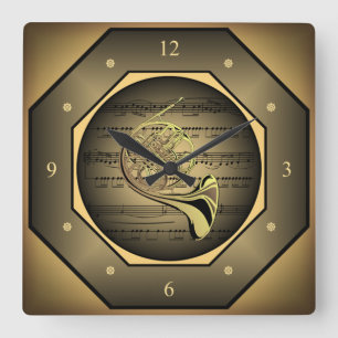 Uhren-Tagon ~ Französisches Horn ~ Blatt Musik ~ T Quadratische Wanduhr