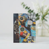 Uhren und Konserven Collage Postkarte (Stehend Vorderseite)