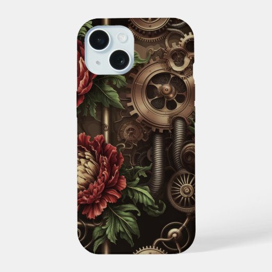 Uhrwerk-Blumenmuster iPhone 15 Hülle (Rückseite)