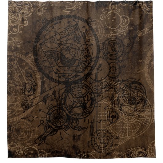 Uhrwerk-Collage Braun Duschvorhang (Vorderseite)