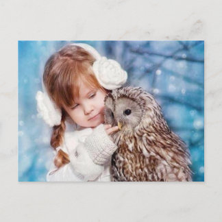 uil en meisje postkarte