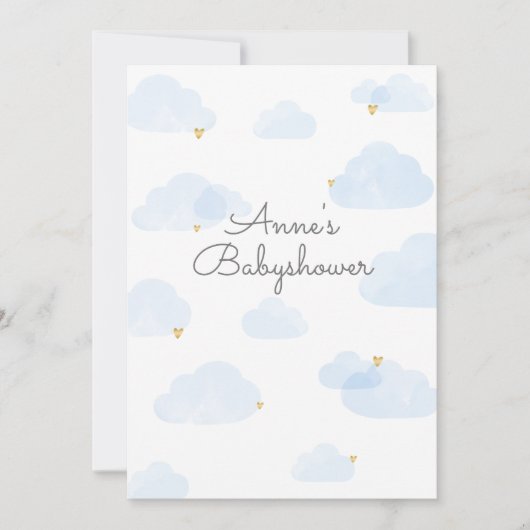 Uitnodiging babyshower jongen wolken lichtblauw einladung (Vorderseite)