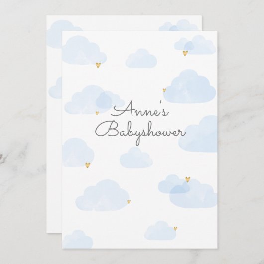 Uitnodiging babyshower jongen wolken lichtblauw einladung (Vorne/Hinten)