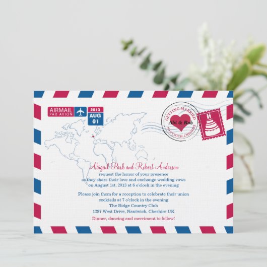 UK Air Mail Wedding Einladung (Stehend Vorderseite)