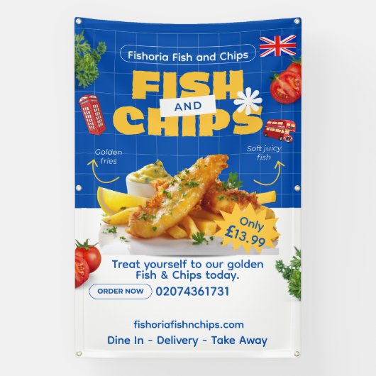 UK-Edition Leckerer Fish-N-Chips-Restaurant anpass Banner (Vertikal)