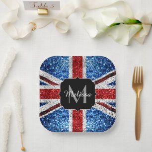 UK-Flagge rot blau weiß Glitter Glanz Monogramm Pappteller