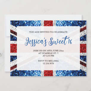 UK-Flagge rot weiß blau Glitzer Glitzer Sweet 16 Einladung